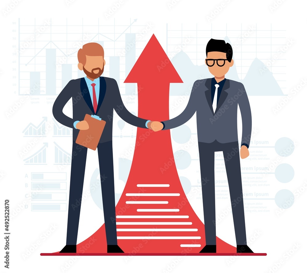 Fototapeta premium Good deal is way to success. Businessman shaking hands on arrow background, strategy of cooperation, corporate conversation of professional managers, business partners. Vector concept