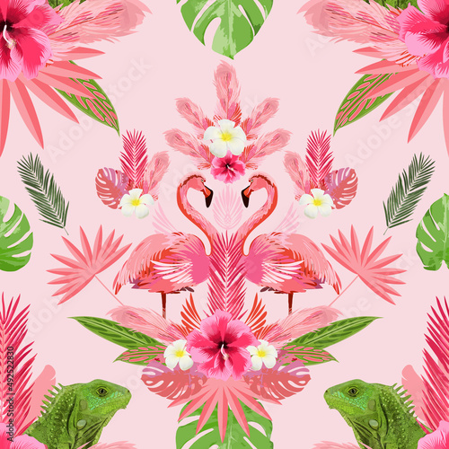 Fototapeta Naklejka Na Ścianę i Meble -  Tropical damask seamless pattern with flamingos, iguanas, flowers and palm leaves.