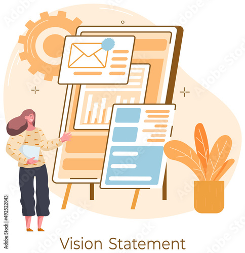 Vision statement landing page template, business and company mission, company planning concept. Woman manager reporting statistics, sales management data, business research with board with main plan