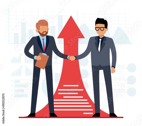 Good deal is way to success. Businessman shaking hands on arrow background, strategy of cooperation, corporate conversation of professional managers, business partners. Vector concept