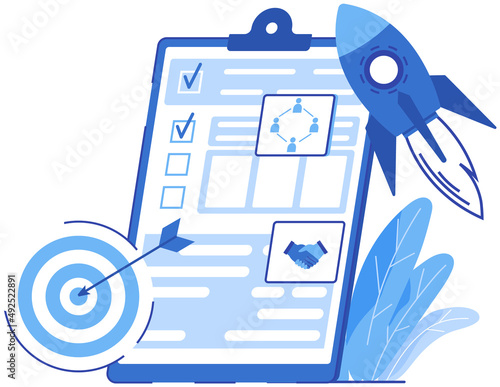 Checklist with results of social surveys, customer data. Clipboard with document, target and rocket. Targeted advertising, business marketing concept. Creation of new project, startup strategy