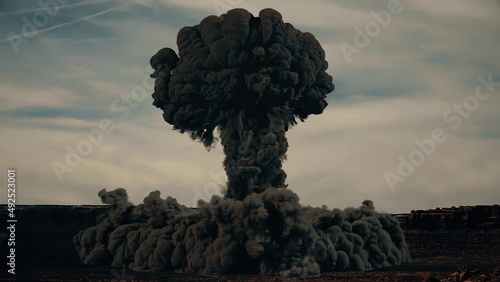 3d rendering of large nuke bomb test explosion with film look