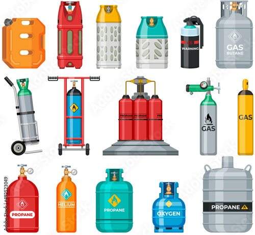 Set of gas cylinders, canisters with fuel, aerosol cans. Metal containers with liquefied compressed helium, oxygen, propane. Different pressurized gas cylinders, storage for liquid vector illustration