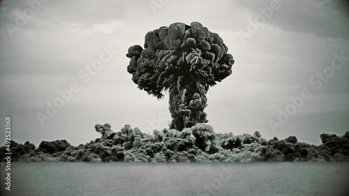 3d rendering of large nuke bomb test explosion with film look photo
