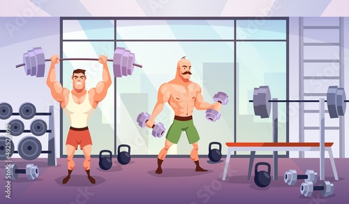Man in gym. Sport workout in fitness club  muscular men characters  training with dumbbell and barbell. Room with sport equipment for powerlifting. Cartoon bodybuilder vector concept