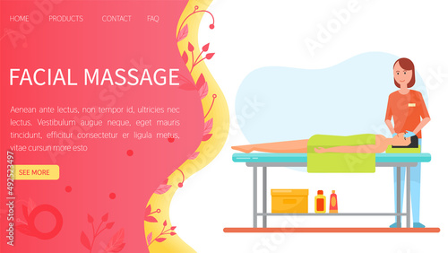 Face skin care procedure from professional masseur for patient. Woman massaging head of client in massage parlor. Facial massage, relaxation website template. Medical web page for body and health care
