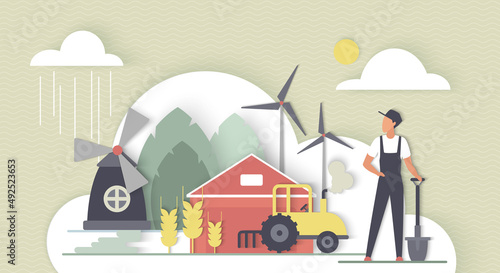 Green sustainable resources and agricultural production. Farmer with tractor growing organic wheat harvest on farm land flat vector illustration. Agronomy, agriculture, eco cultivation concept