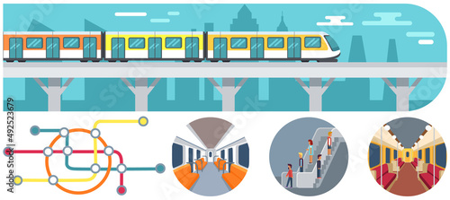 Public transport flat infographic diagram with tramway underground metro. Subway poster mockup with subway lines plan, underground and ground transportation passengers. Design of metro scheme