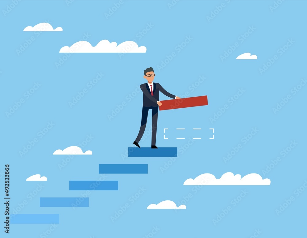 Self growth, promotion of career, business development. Businessman standing on steps and building path to achieving goals, people motivation, strategy vision. Vector concept Self growth, promotion of career, business development. Businessman standing on steps and building path to achieving goals, people motivation, strategy vision. Vector concept