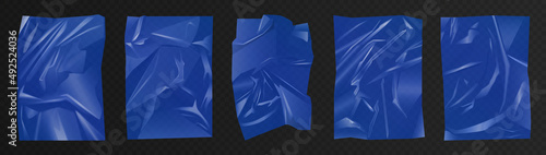 Blue crumpled polyethylene, plastic film set vector illustration. 3d glue paper sheet, cellophane for package or bag with wrinkles and shiny effect, elastic wrapper mockup on transparent background
