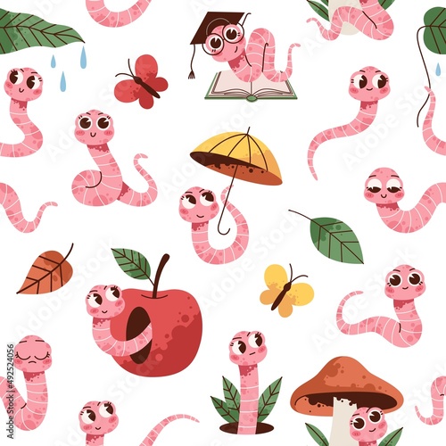 Soil worm characters seamless pattern. Funny earthworms with apple, mushroom and umbrella, garden creatures, farm insects, childish background. Decor textile, wrapping paper, vector print