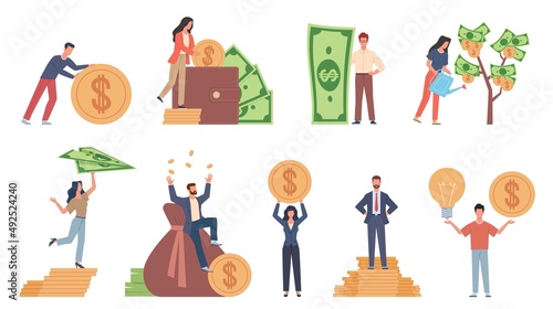 Tiny people with money. Budget elements, different poses persons, woman waters money tree, man rolls large coin, holding bill, millionaire on full bags, businessman with cash, vector set © YummyBuum