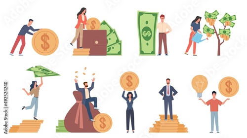 Tiny people with money. Budget elements, different poses persons, woman waters money tree, man rolls large coin, holding bill, millionaire on full bags, businessman with cash, vector set