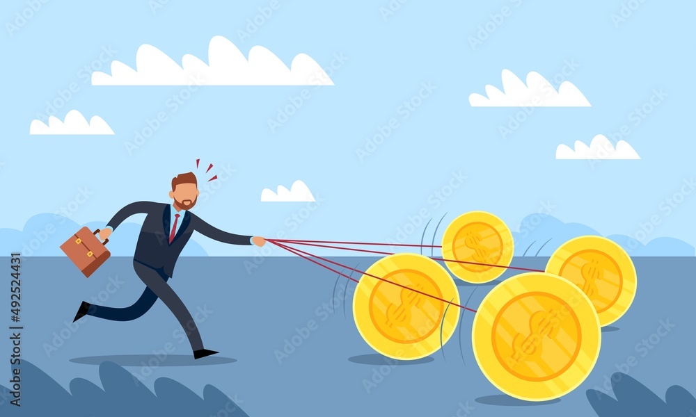 Withholding of financing. Fast movement for money. Businessman running with coins, business support and assistance, investments provide development opportunities vector cartoon flat concept Withholding of financing. Fast movement for money. Businessman running with coins, business support and assistance, investments provide development opportunities vector cartoon flat concept
