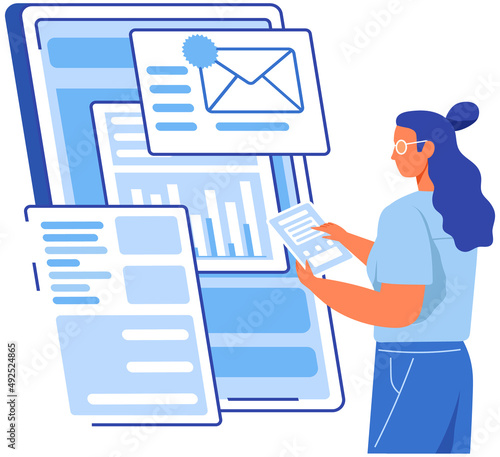 Woman looks at email inbox, browses mail, studies analytics, reports and statistics. Lady analyzes statistical report, business information on digital document. Businesswoman works with online data
