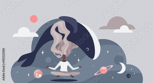 Yoga meditation and concentration of girl floating in open space vector illustration. Cartoon woman meditating in lotus asana pose with stars and planet. Keep calm, harmony, mental health concept