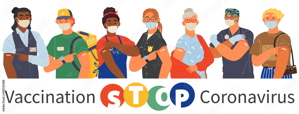 Fototapeta premium Stop coronavirus agitation concept. Vaccination promo, immunization of workers. Vaccine saves lives. People wearing protective mask showing their arm with bandage after receiving covid-19 vaccine