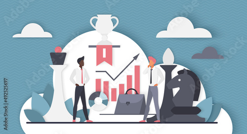 Business competition between office workers. Leaders win with strategic plan, conquer with efficiency of efforts in corporate conflict, teamwork challenge in chess game flat vector illustration