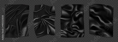 Full black wrinkled rectangular sheet with latex texture set vector illustration. 3d realistic crumpled plastic food packaging, glued glossy paper or pvc stretch packing material black background