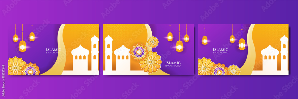 Set of beautiful realistic mandala with hanging lantern purple Orange colorful Islamic design background Set of beautiful realistic mandala with hanging lantern purple Orange colorful Islamic design background