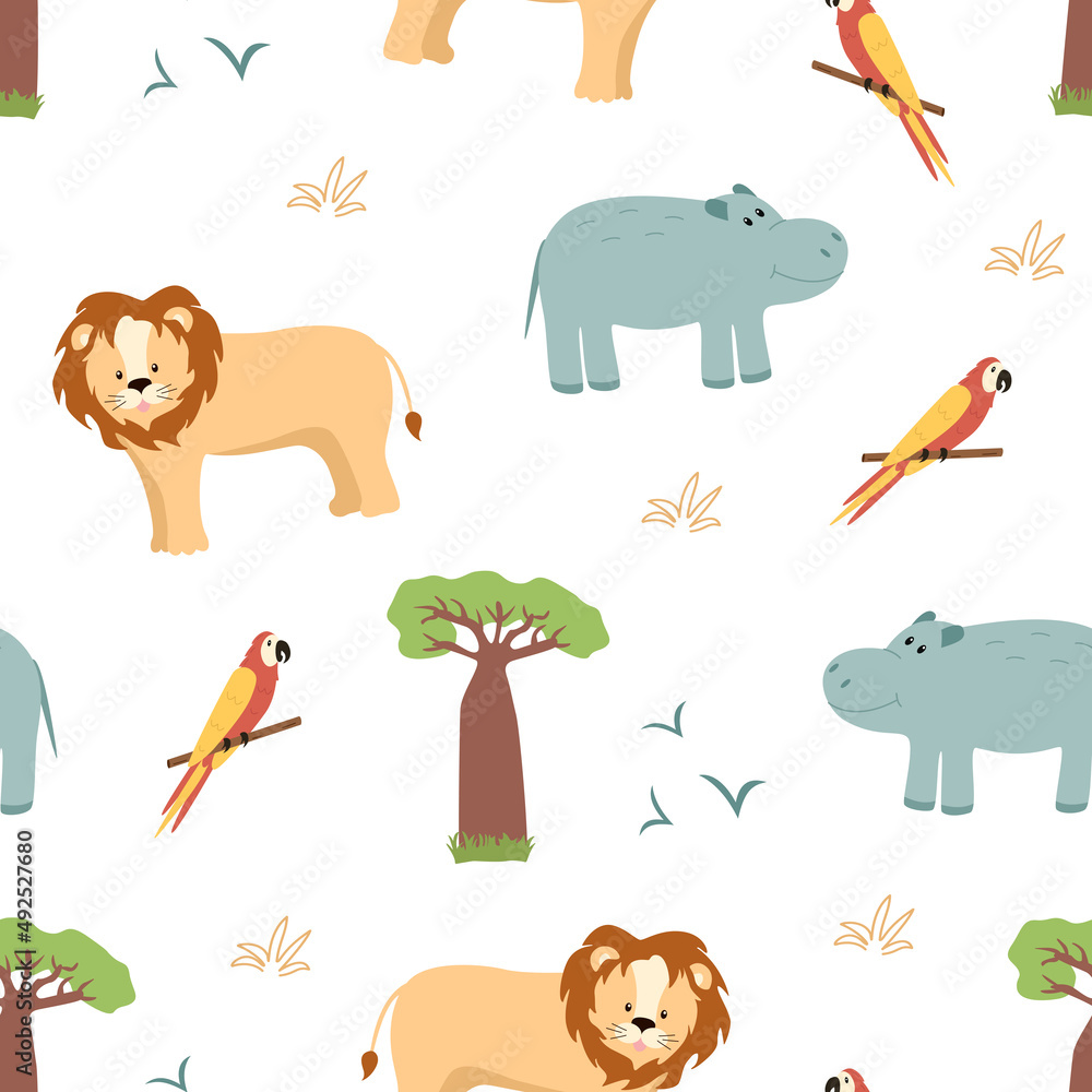 Fototapeta premium Seamless pattern African animals wallpaper for kids with cute funny cartoon animals.