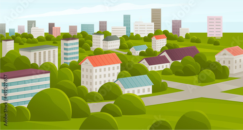 Landscape with nature and architecture. City street with houses and greenery. Area, district with residential building and green spaces. Multi-apartment buildings of different heights in town