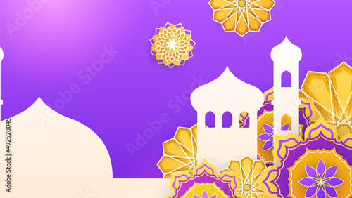 beautiful realistic mandala with hanging lantern purple Orange colorful Islamic design background