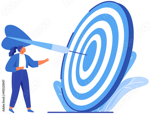 Businesswoman working with big target with arrow. Goals and objectives, business grow and plan concept. Targeting, target marketing concept. Woman planning business strategy for success, leadership