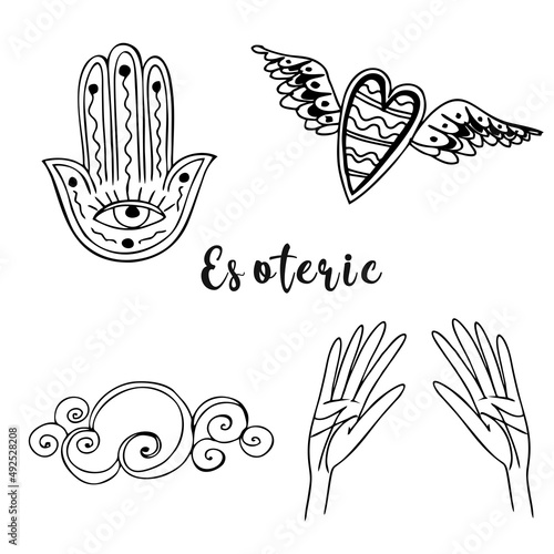 Esoteric symbols. Hands with an all-seeing eye. A heart with wings. Cliparts vector