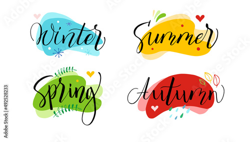 Handwritten calligraphy lettering. Spring winter summer autumn. Is good for print,  postcards, brochures, poster, calendar, planner, diary. Black text isolated on white background.Vector illustration.