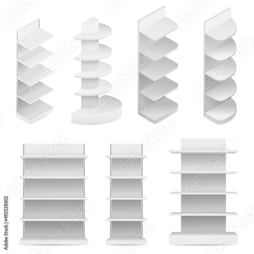 3d realistic white supermarket shelving display and bookstore racks. Mockup template ready for your design. Vector illustration.