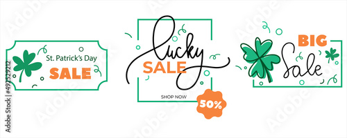 St. Patrick's Day Sale vector set banners.  Irish national holiday background and template with hand lettering and four leaf clover for holiday shopping and sales. 