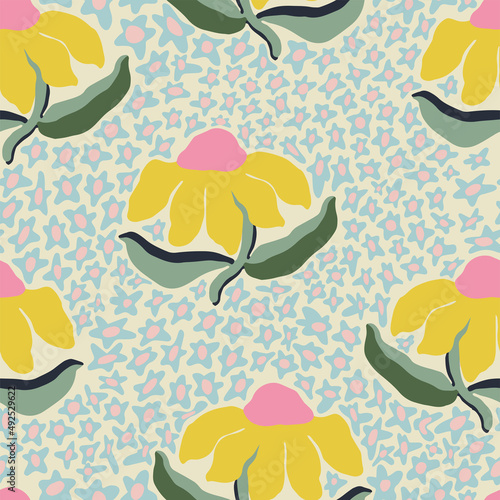 Vector retro flower illustration motif seamless repeat pattern fashion and home kitchen print fabric digital artwork