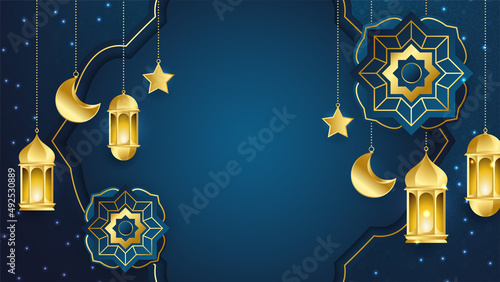 Beautiful realistic luxury blue gold Islamic ramadan kareem design background with mandala pattern, hanging lantern, moon, and star.