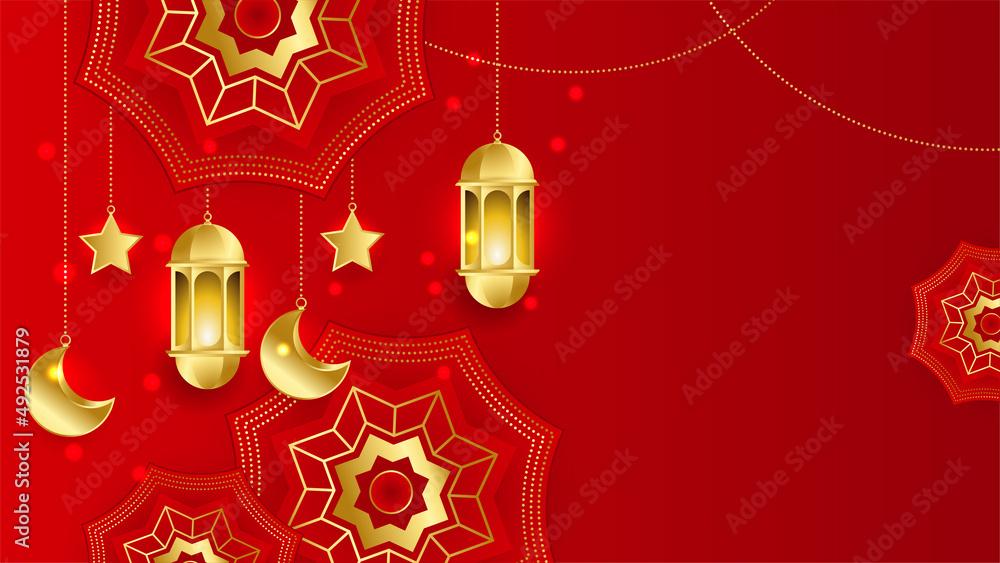 Ramadan Kareem background. Red gold moon and abstract luxury islamic elements background