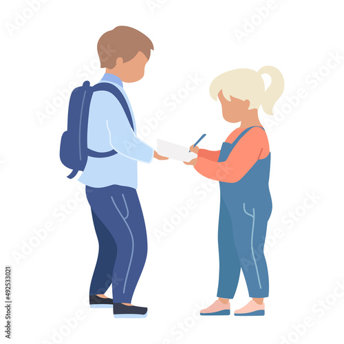 Preschool children working on team assignments semi flat color vector characters. Standing figures. Full body people on white. Simple cartoon style illustration for web graphic design and animation