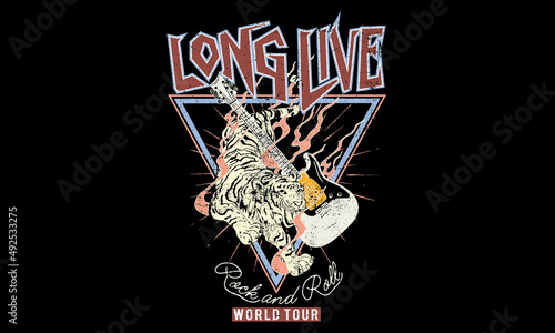 Long life Guitar with tiger rock and roll vector t shirt design. Music vintage poster artwork for apparel, poster, background, and others.