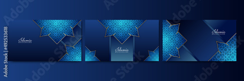 Set of realistic 3D Ramadan Kareem background. Blue gold moon and abstract luxury islamic elements background