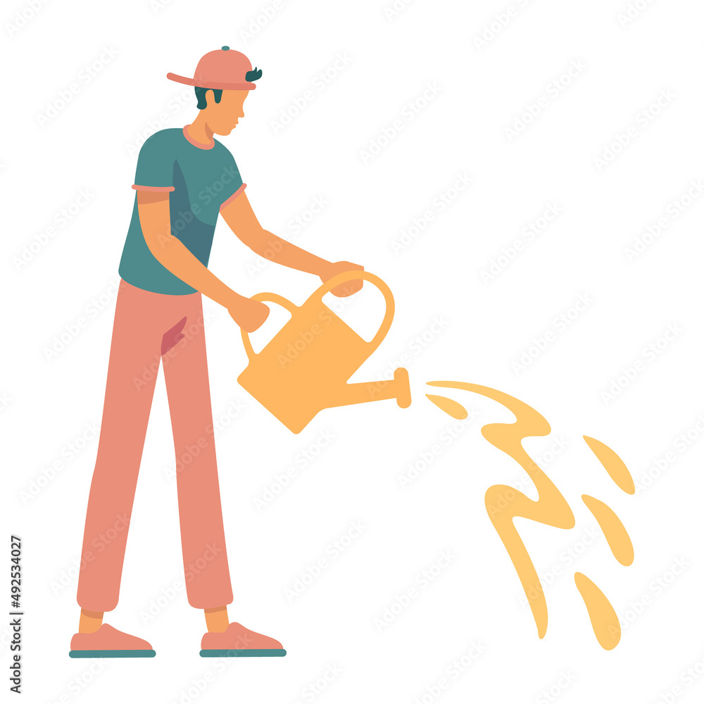 Young man irrigating garden with watering can semi flat color vector character. Posing figure. Full body person on white. Simple cartoon style illustration for web graphic design and animation Young man irrigating garden with watering can semi flat color vector character. Posing figure. Full body person on white. Simple cartoon style illustration for web graphic design and animation