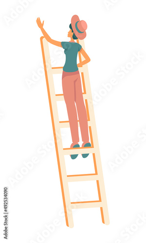 Young woman standing on garden ladder semi flat color vector character. Full body person on white. Harvesting season simple cartoon style illustration for web graphic design and animation