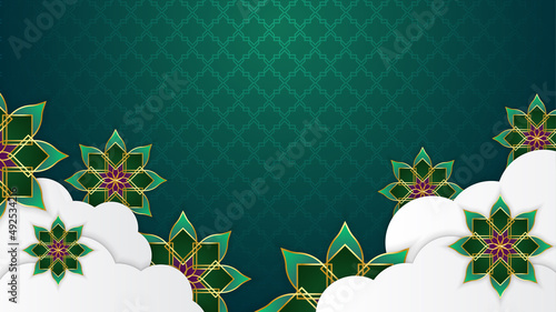Beautiful ramadan kareem green and gold banner design. Realistic 3D Ramadan Kareem background. Green gold moon and abstract luxury islamic elements background