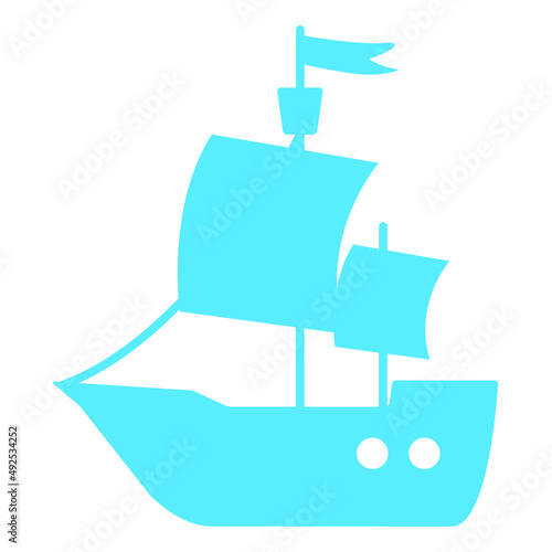 Turquoise sailing ship silhouette semi flat color vector object. Full sized item on white. Large vessel. Pirate adventure simple cartoon style illustration for web graphic design and animation