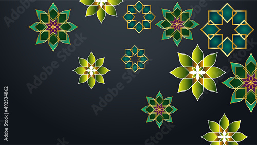 Beautiful ramadan kareem blue and gold banner design. Realistic 3D Ramadan Kareem background. Blue gold moon and abstract luxury islamic elements background