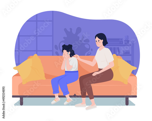 Depressed teenager 2D vector isolated illustration. Panic attack flat characters on cartoon background. Reassuring mother. Crying kid colourful scene for mobile, website, presentation