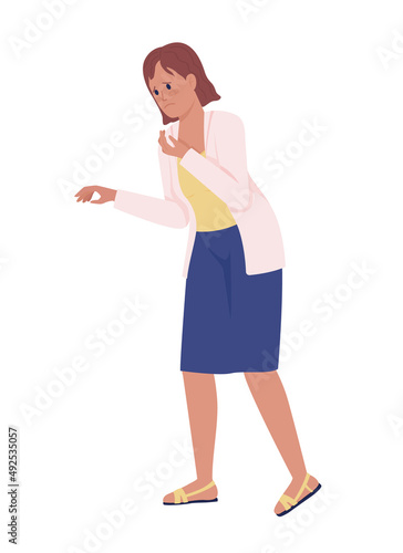 Sad woman semi flat color vector character. Standing figure. Full body person on white. Emotional state. Sympathizing lady simple cartoon style illustration for web graphic design and animation