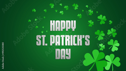 Happy St Patrick's Day holiday concept. Background with Green Flying Clovers and backdrop green color vector illustration.