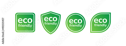 Eco friendly labels icon set. Natural organic ecology green stickers for product packaging design. Eco friendly minimal graphic green badges design elements. Flat style gradient vector illustrations.
