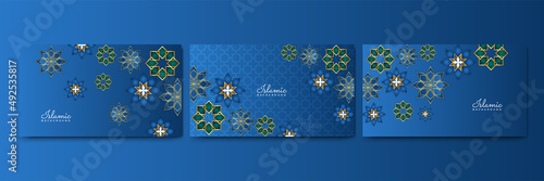 Set of beautiful ramadan kareem blue and gold banner design. Realistic 3D Ramadan Kareem background. Blue gold moon and abstract luxury islamic elements background