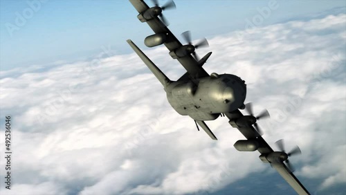 4K Aerial C-130 flying high altitude and rolling left