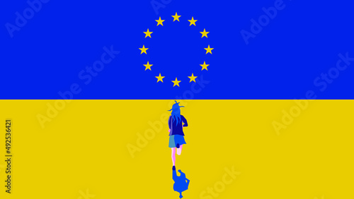 Ukraine running towards Europe (woman and EU flag)